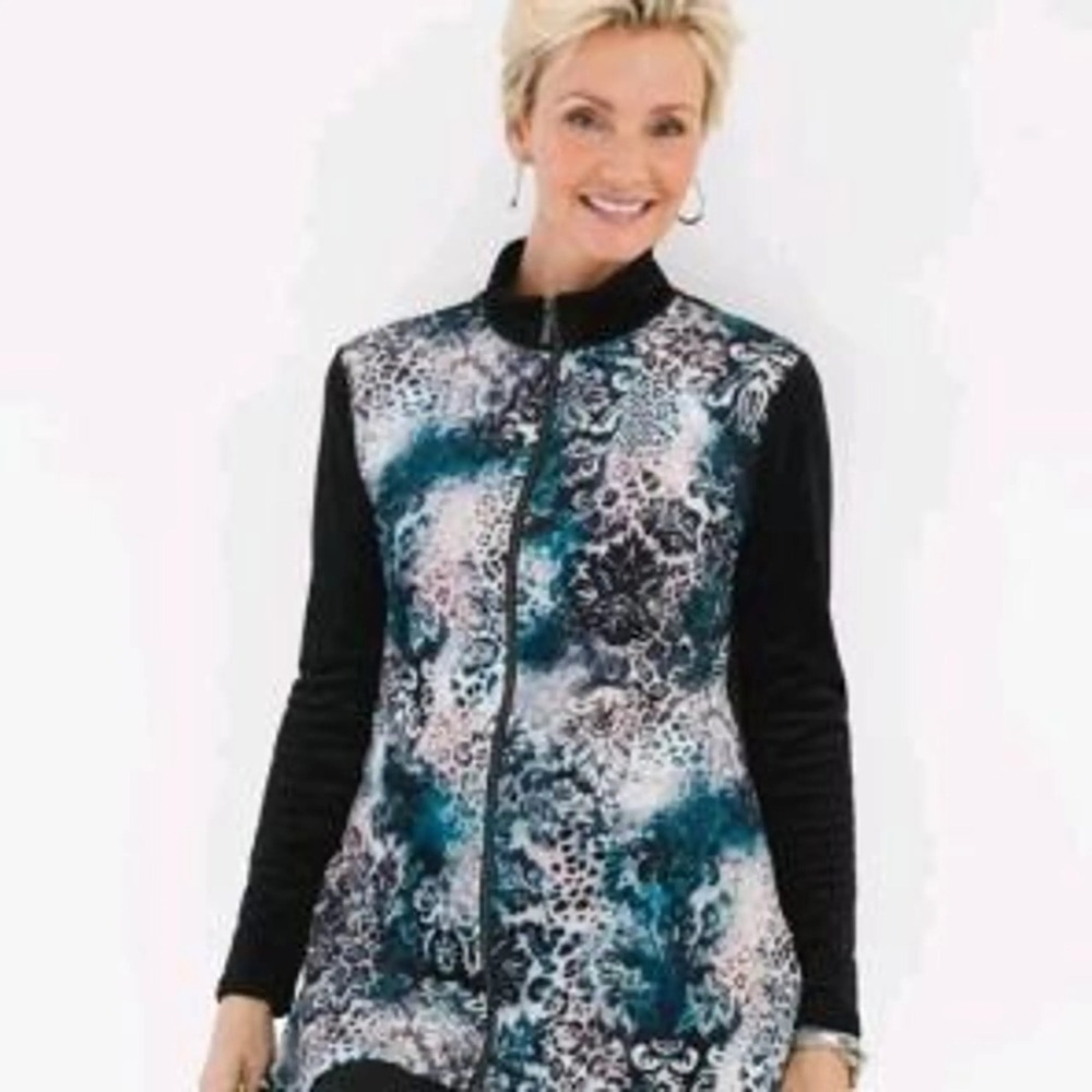 Chico's Zenergy Velour Zip Front Tunic Jacket Multi Color Animal Floral Print